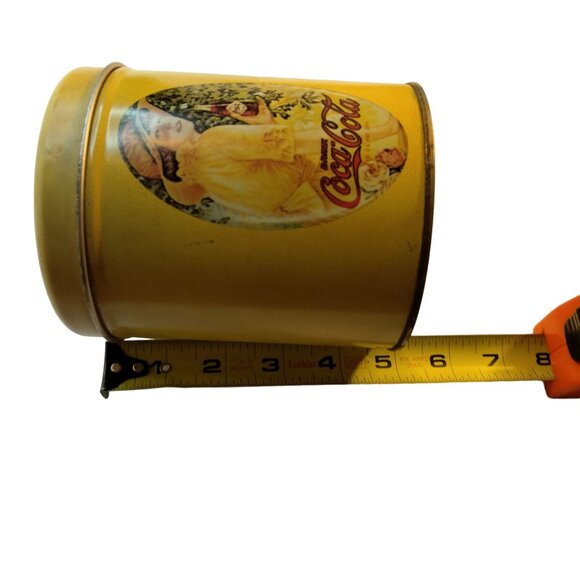 Vintage Coca Cola Tin Canister Yellow Lady Holding Coke Lidded Retro 1980s - Picture 6 of 11